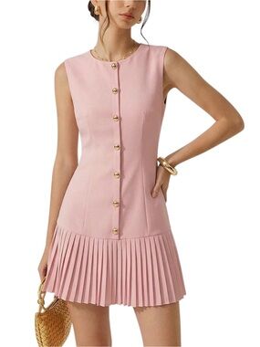 Commense Dusty Pink Gold Button Pleated Mini Dress Large NWT Sleeveless